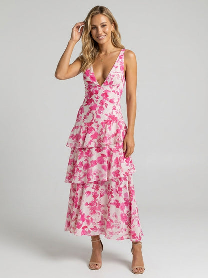 PRISCA | FLORAL TIERED RUFFLE MAXI DRESS - Pink and White Floral