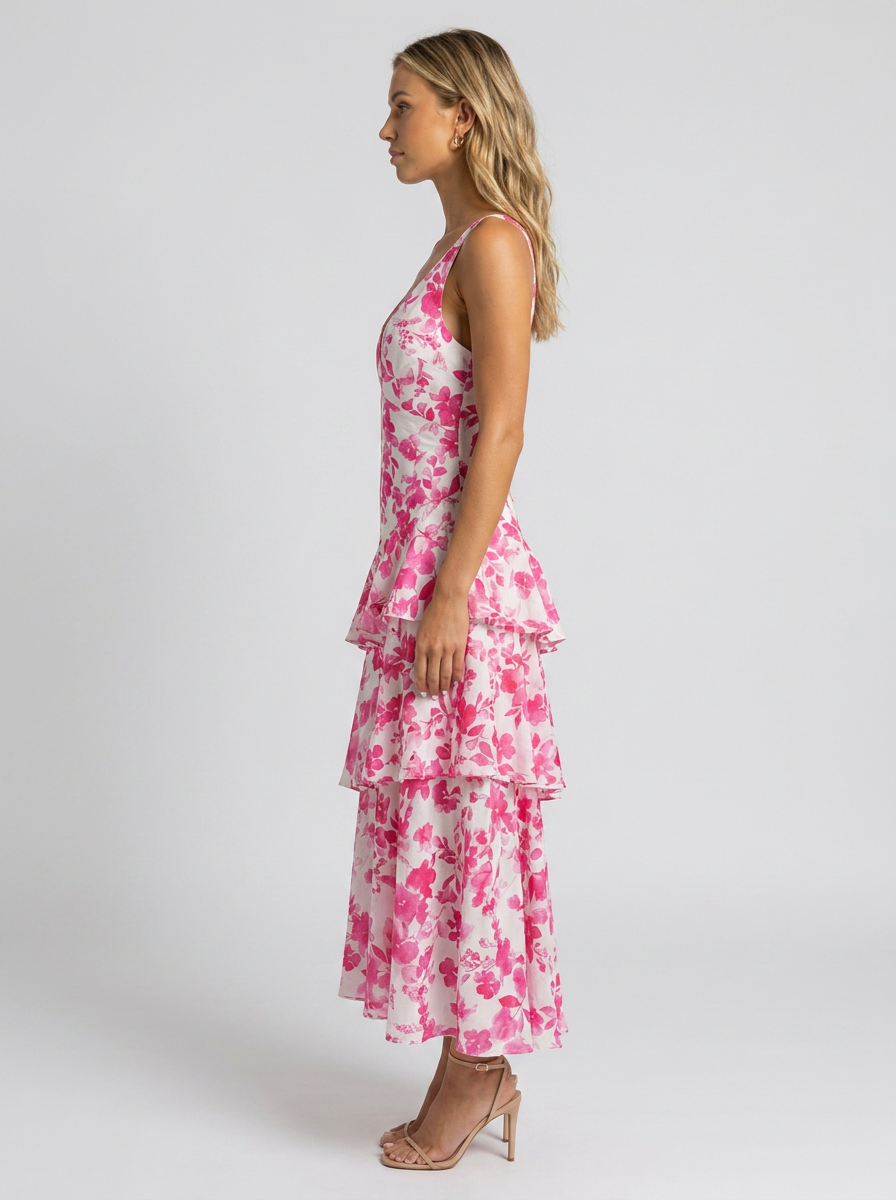 PRISCA | FLORAL TIERED RUFFLE MAXI DRESS - Pink and White Floral