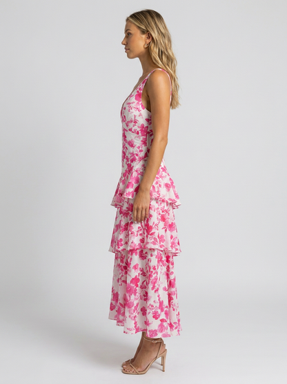 PRISCA | FLORAL TIERED RUFFLE MAXI DRESS - Pink and White Floral