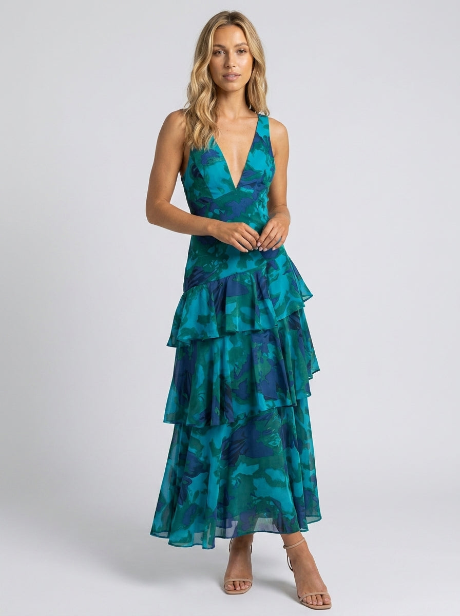 PRISCA | FLORAL TIERED RUFFLE MAXI DRESS - Teal Floral