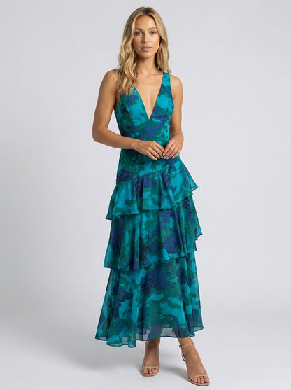 PRISCA | FLORAL TIERED RUFFLE MAXI DRESS - Teal Floral