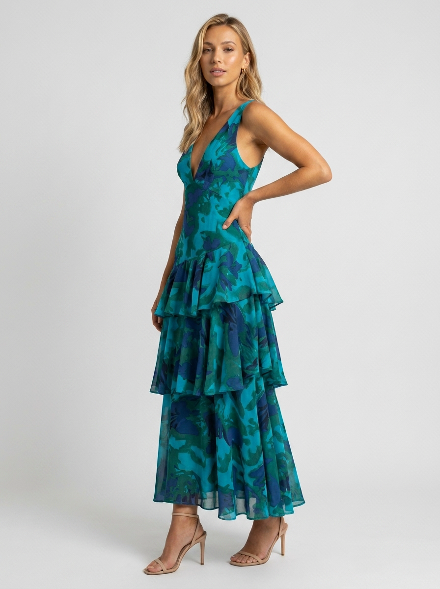 PRISCA | FLORAL TIERED RUFFLE MAXI DRESS - Teal Floral