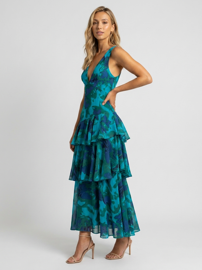 PRISCA | FLORAL TIERED RUFFLE MAXI DRESS - Teal Floral