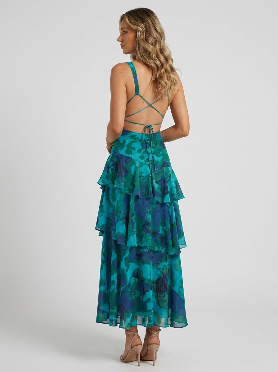 PRISCA | FLORAL TIERED RUFFLE MAXI DRESS - Teal Floral