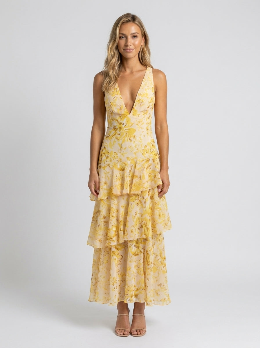 PRISCA | FLORAL TIERED RUFFLE MAXI DRESS - Yellow Floral