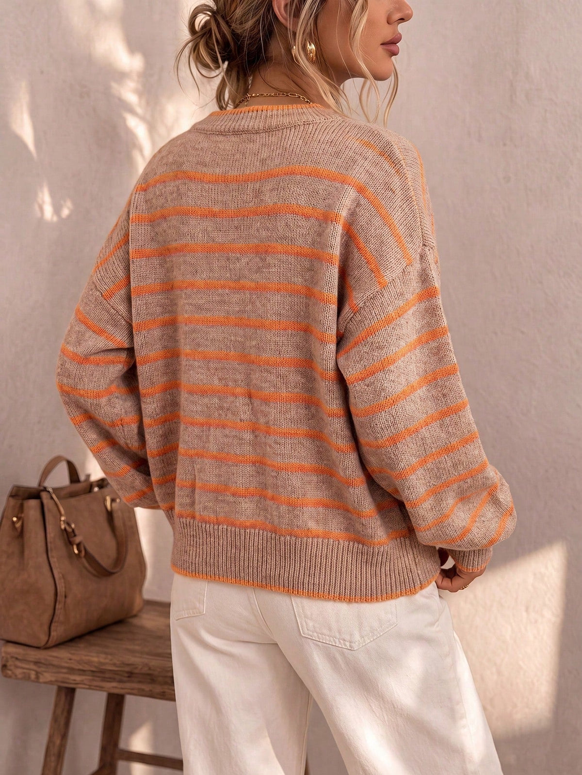 PRUNELLA | STRIPED BUTTON FRONT CARDIGAN - Beige and Orange Stripe