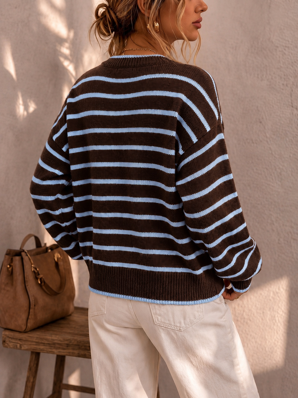 PRUNELLA | STRIPED BUTTON FRONT CARDIGAN - Brown and Baby Blue Stripe