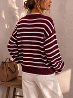 PRUNELLA | STRIPED BUTTON FRONT CARDIGAN - Burgundy and White Stripe
