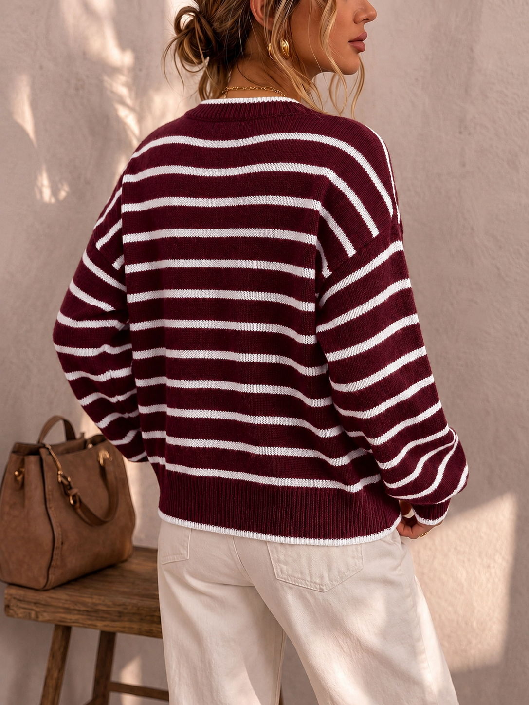 PRUNELLA | STRIPED BUTTON FRONT CARDIGAN - Burgundy and White Stripe
