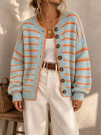 PRUNELLA | STRIPED BUTTON FRONT CARDIGAN - Light Blue and Orange Stripe