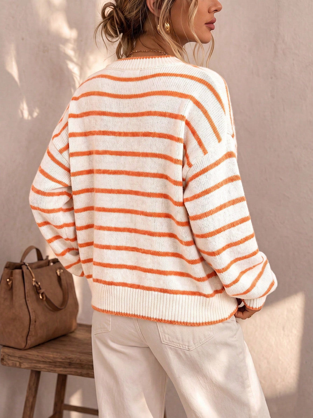 PRUNELLA | STRIPED BUTTON FRONT CARDIGAN - White and Orange Stripe