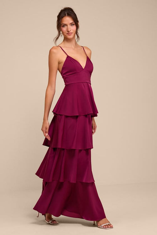 QUILLA | TIERED SATIN GOWN - Plum