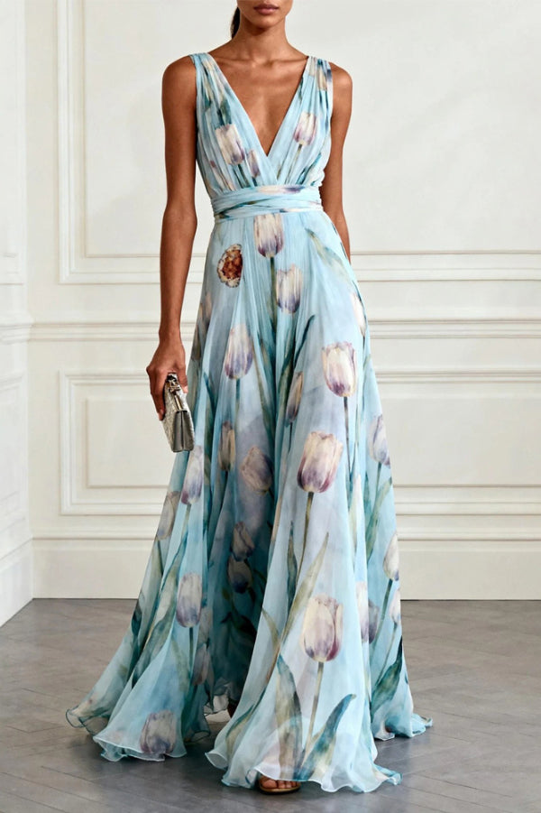 QUINLEY | V-NECK FLORAL MAXI DRESS - Aqua Blue