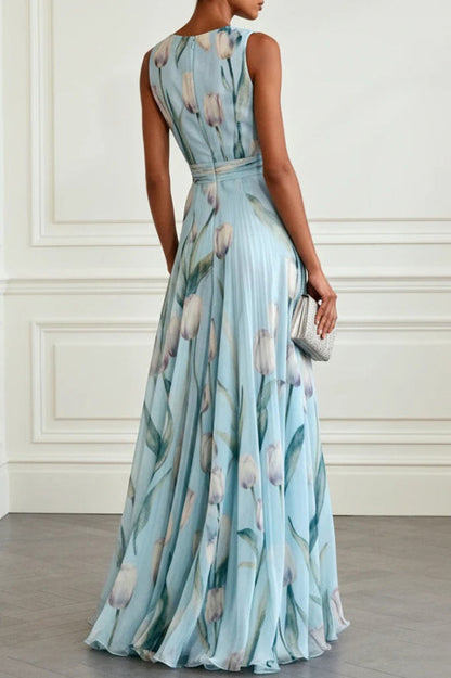 QUINLEY | V-NECK FLORAL MAXI DRESS - Aqua Blue