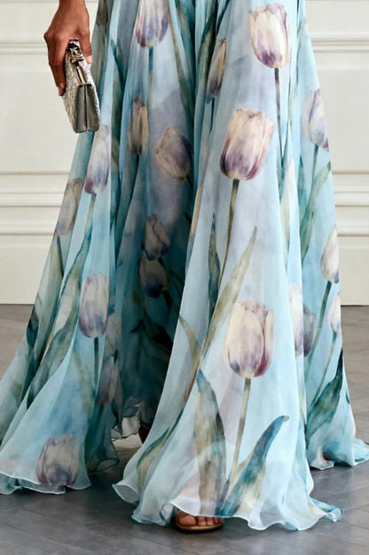 QUINLEY | V-NECK FLORAL MAXI DRESS - Aqua Blue
