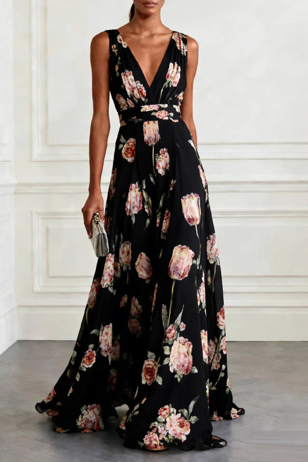 QUINLEY | V-NECK FLORAL MAXI DRESS - Black Floral