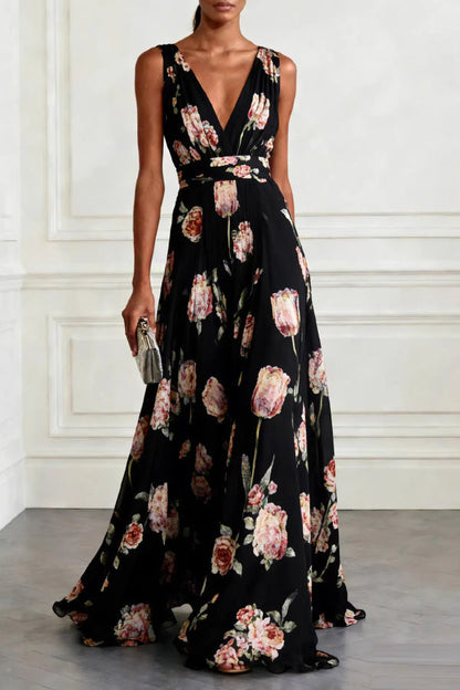 QUINLEY | V-NECK FLORAL MAXI DRESS - Black Floral