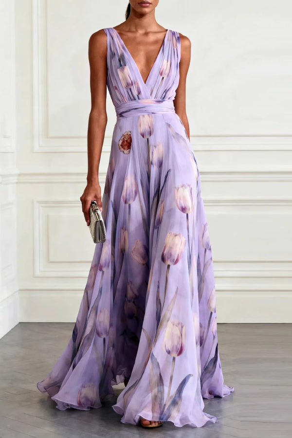 QUINLEY | V-NECK FLORAL MAXI DRESS - Lavender