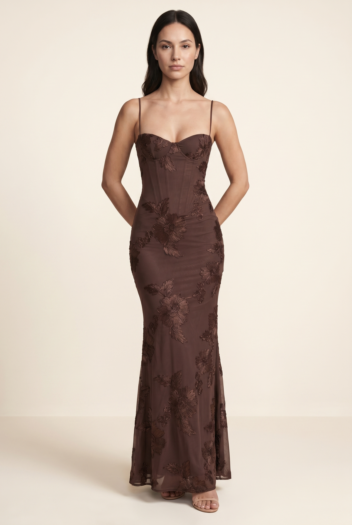 QUINTESSA | LACE-UP BACK MAXI DRESS - Chocolate Brown