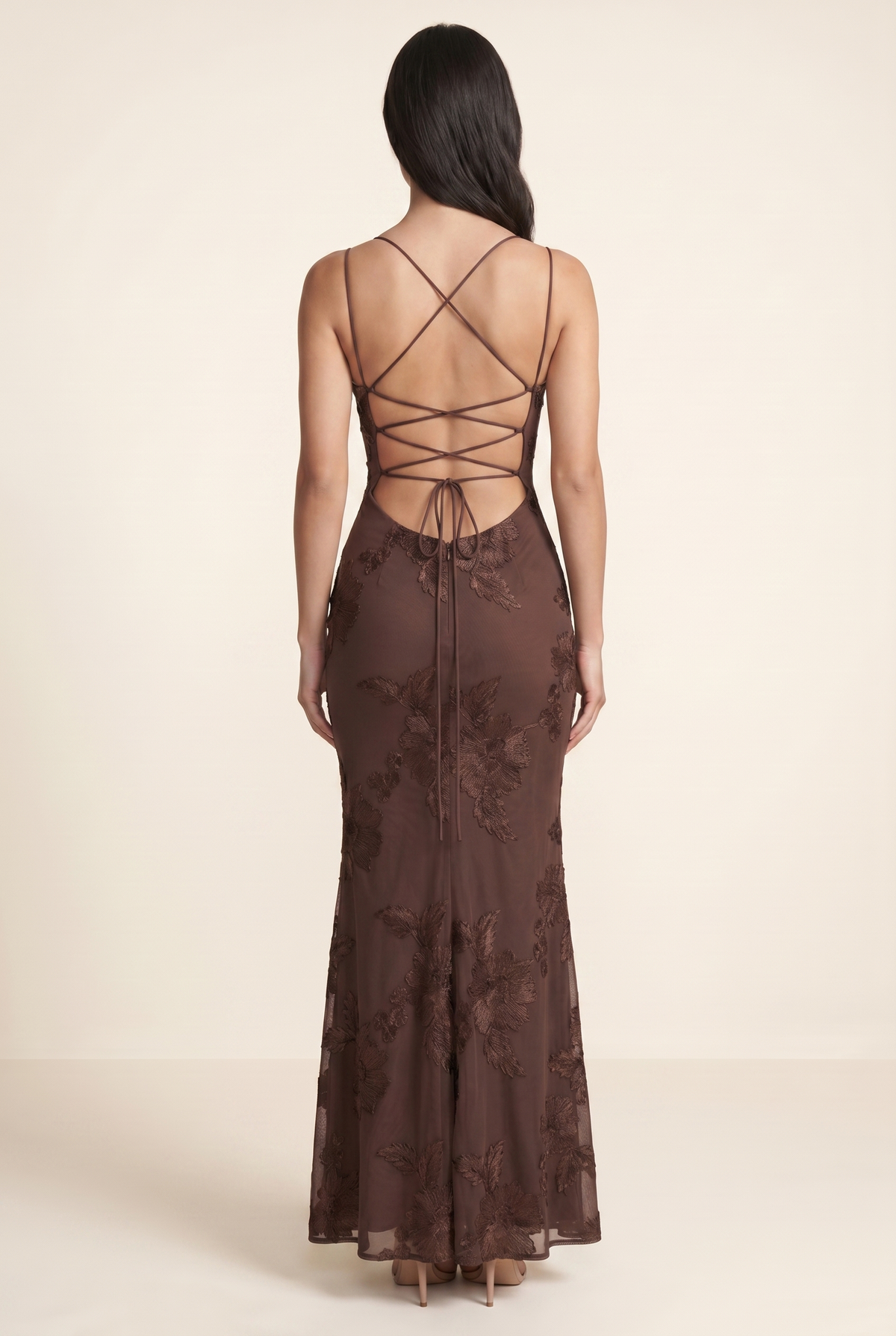 QUINTESSA | LACE-UP BACK MAXI DRESS - Chocolate Brown