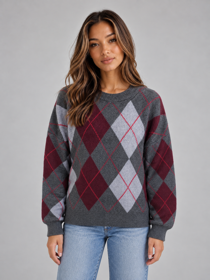 RACHAEL | CONTRAST ARGYLE SWEATER - Gray Argyle