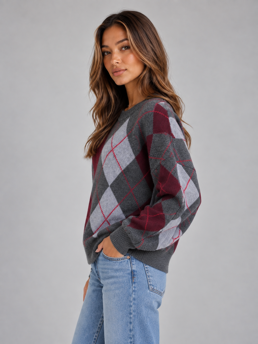 RACHAEL | CONTRAST ARGYLE SWEATER - Gray Argyle