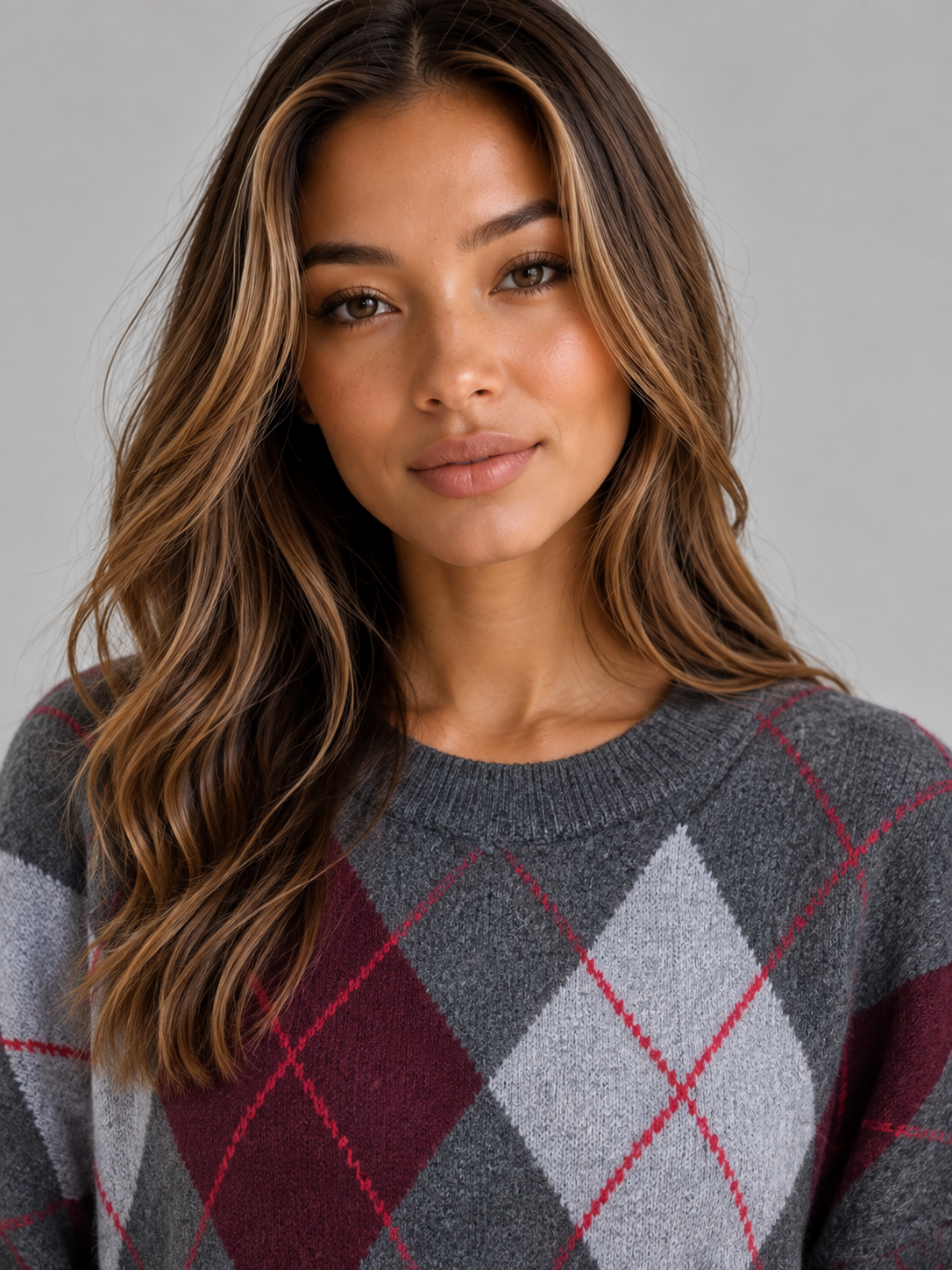 RACHAEL | CONTRAST ARGYLE SWEATER - Gray Argyle