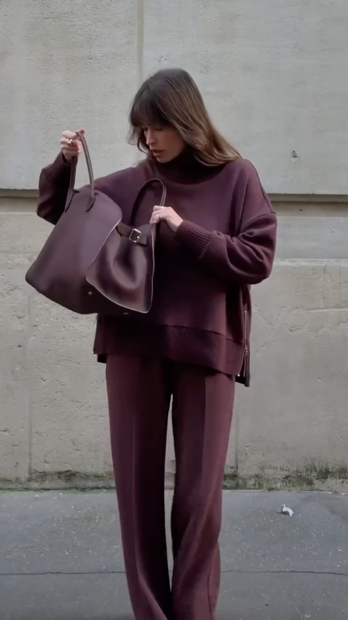 Full-length burgundy knit set with oversized sweater and coordinating pants ensemble