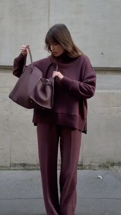Full-length burgundy knit set with oversized sweater and coordinating pants ensemble