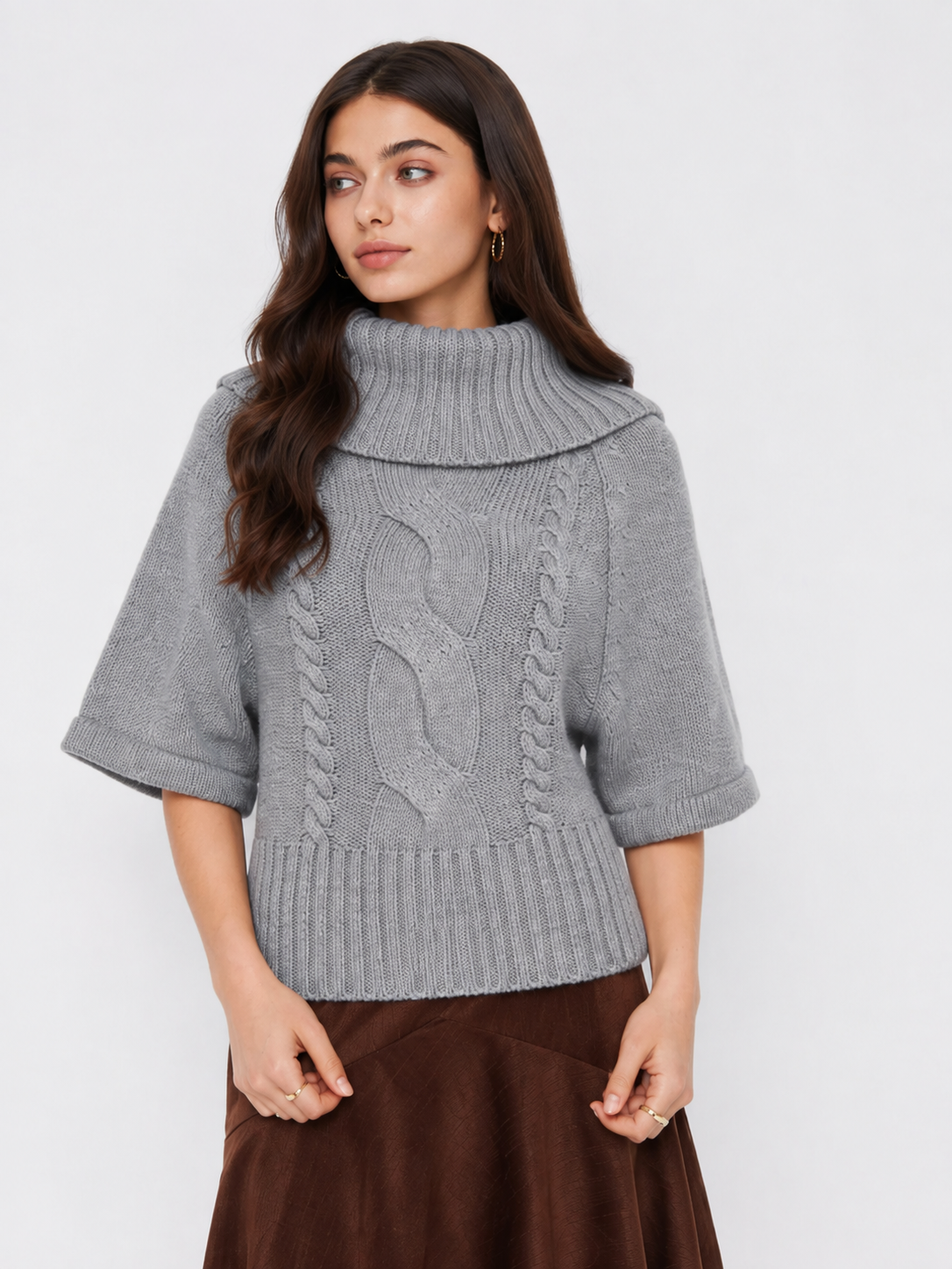 RAELYN | WIDE NECK CABLE KNIT SWEATER - Gray
