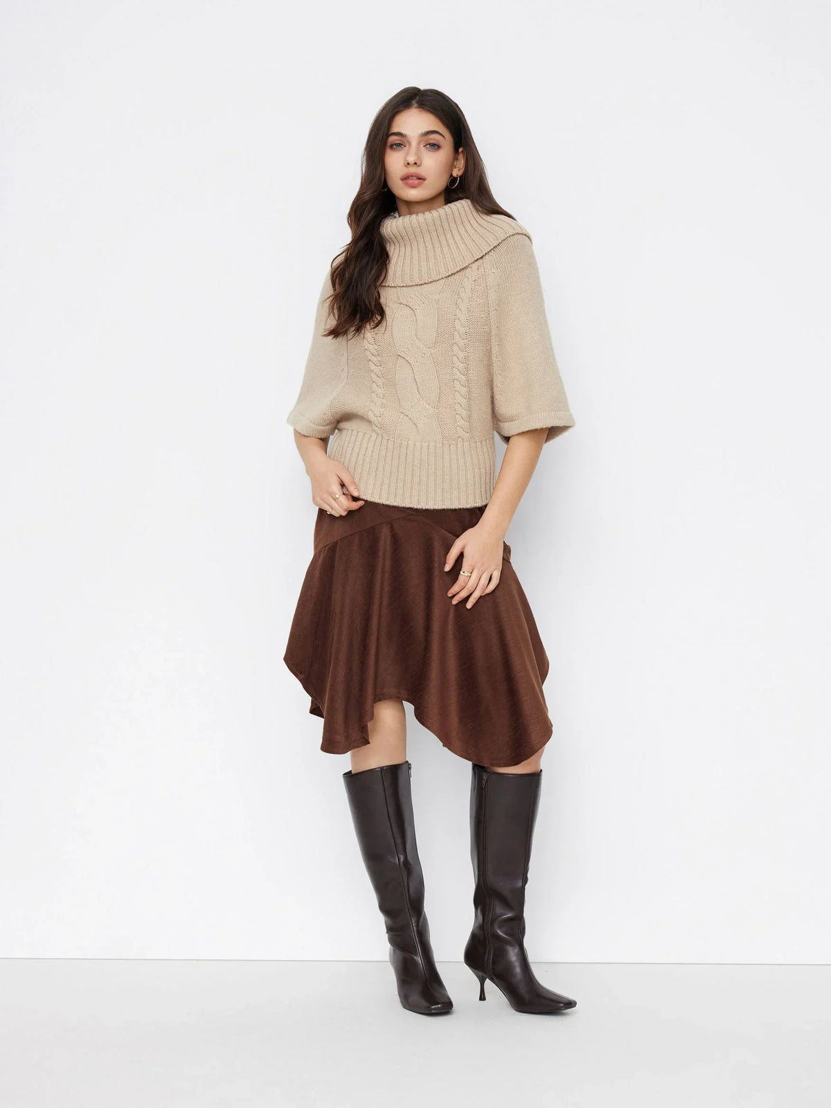 RAELYN | WIDE NECK CABLE KNIT SWEATER - Khaki