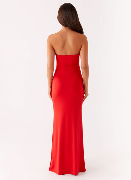 Back view of red formal maxi dress with strapless sweetheart neckline