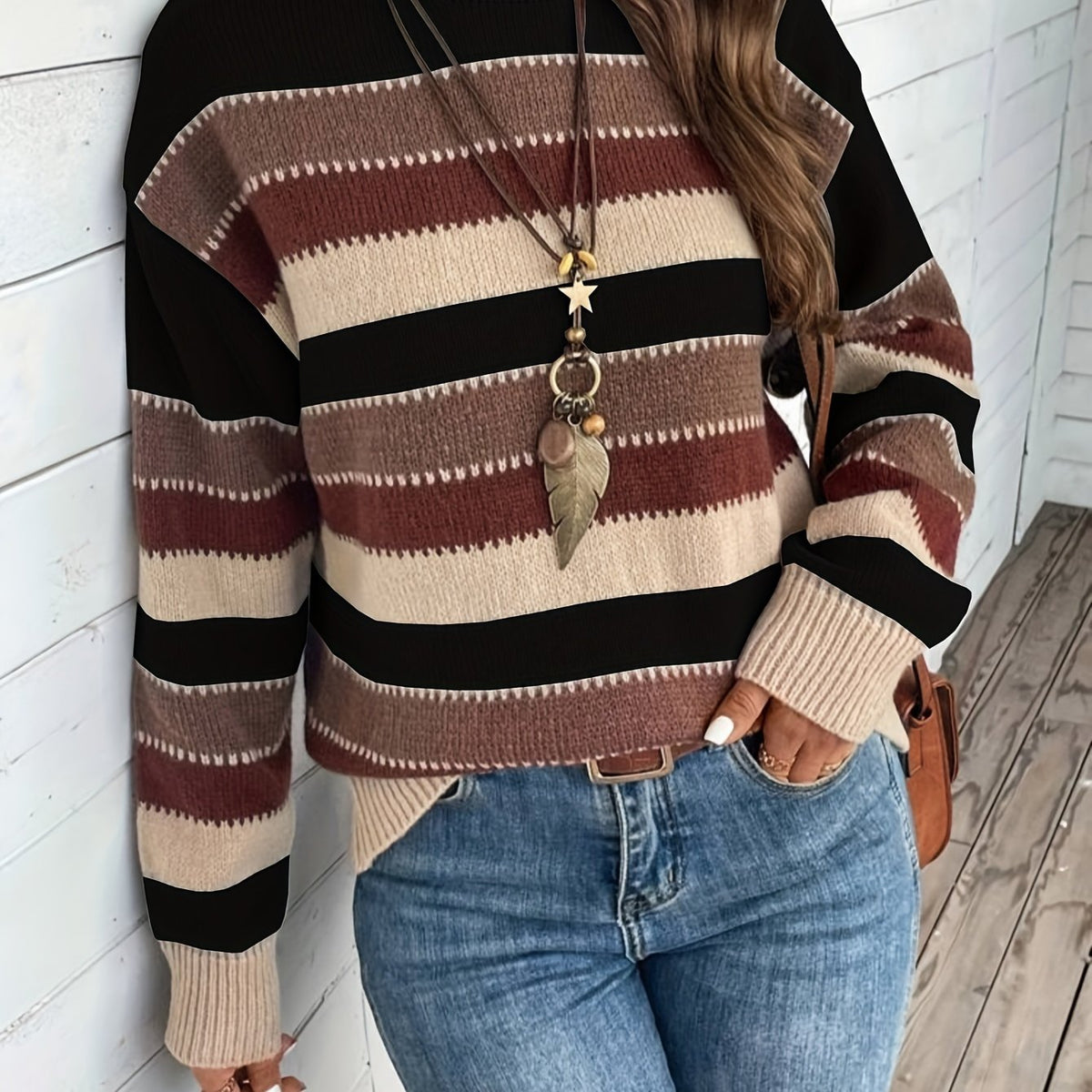 REEVA | STRIPED ROUND NECK SWEATER - Black and Burgundy Stripe