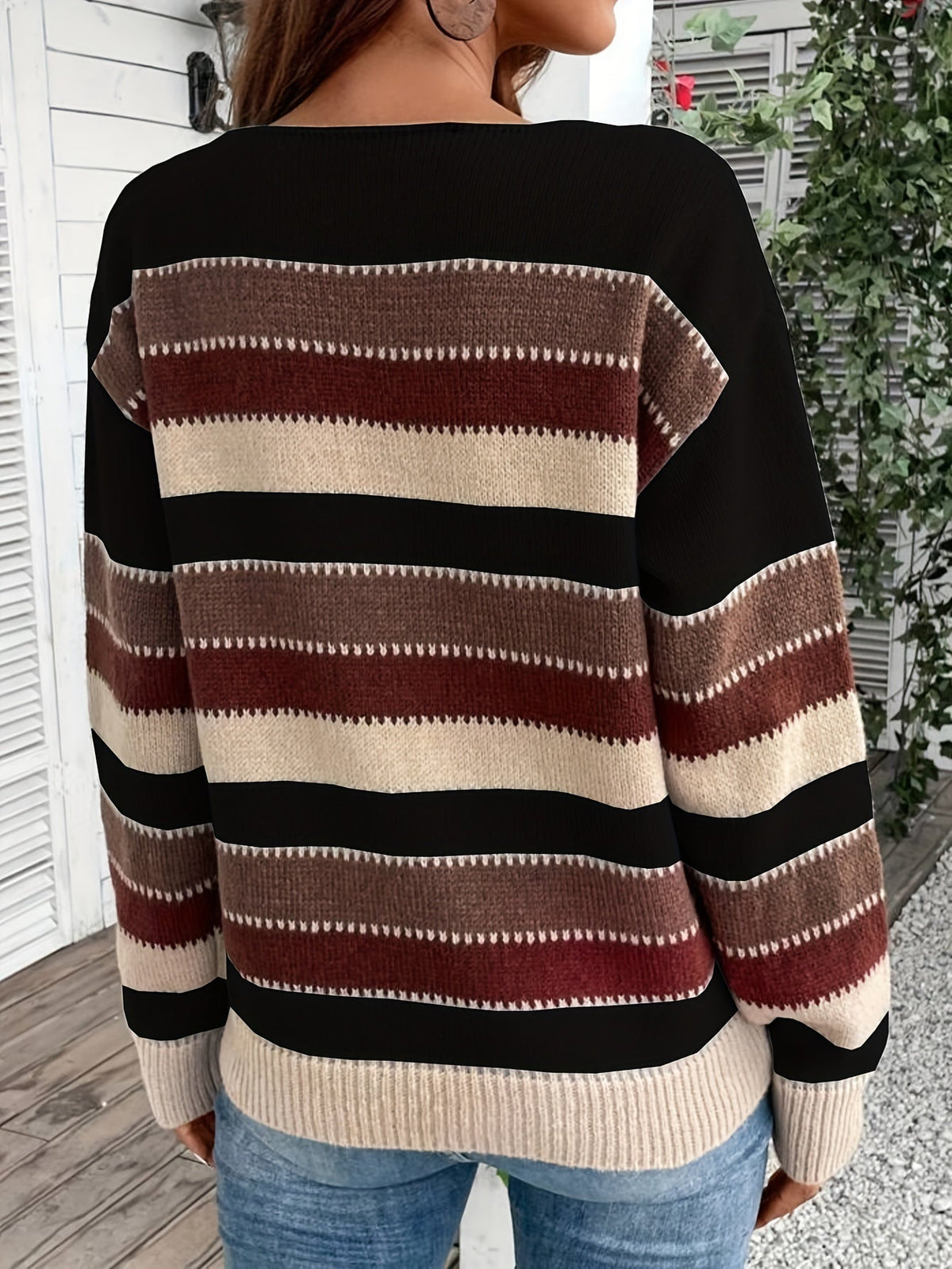 REEVA | STRIPED ROUND NECK SWEATER - Black and Burgundy Stripe
