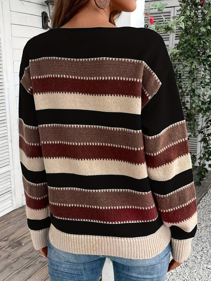 REEVA | STRIPED ROUND NECK SWEATER - Black and Burgundy Stripe