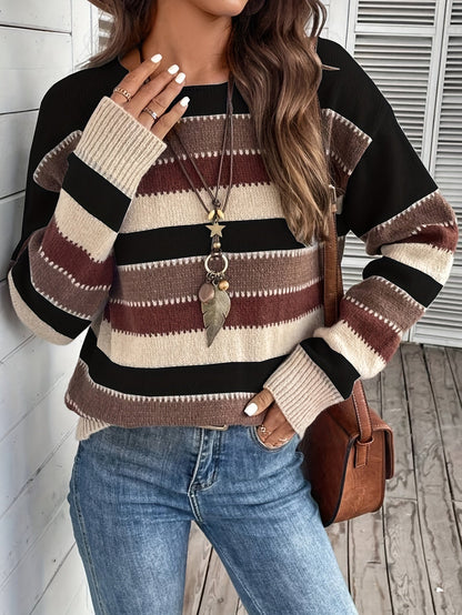 REEVA | STRIPED ROUND NECK SWEATER - Black and Burgundy Stripe