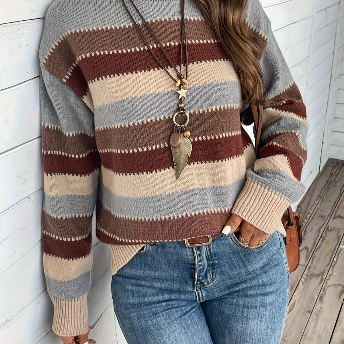 REEVA | STRIPED ROUND NECK SWEATER - Gray and Brown Stripe