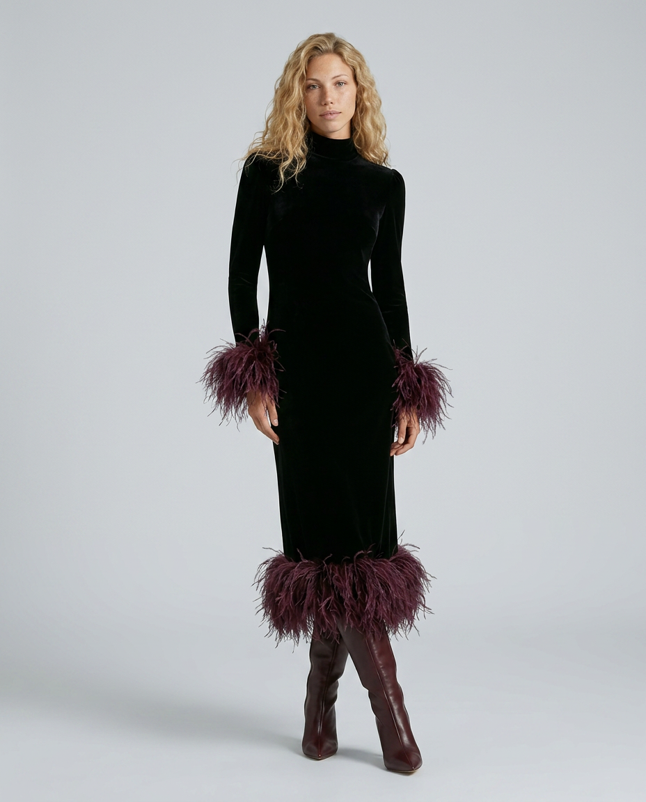 RHONA | FEATHER TRIM VELVET MIDI DRESS - Black and Burgundy