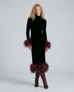 RHONA | FEATHER TRIM VELVET MIDI DRESS - Black and Burgundy