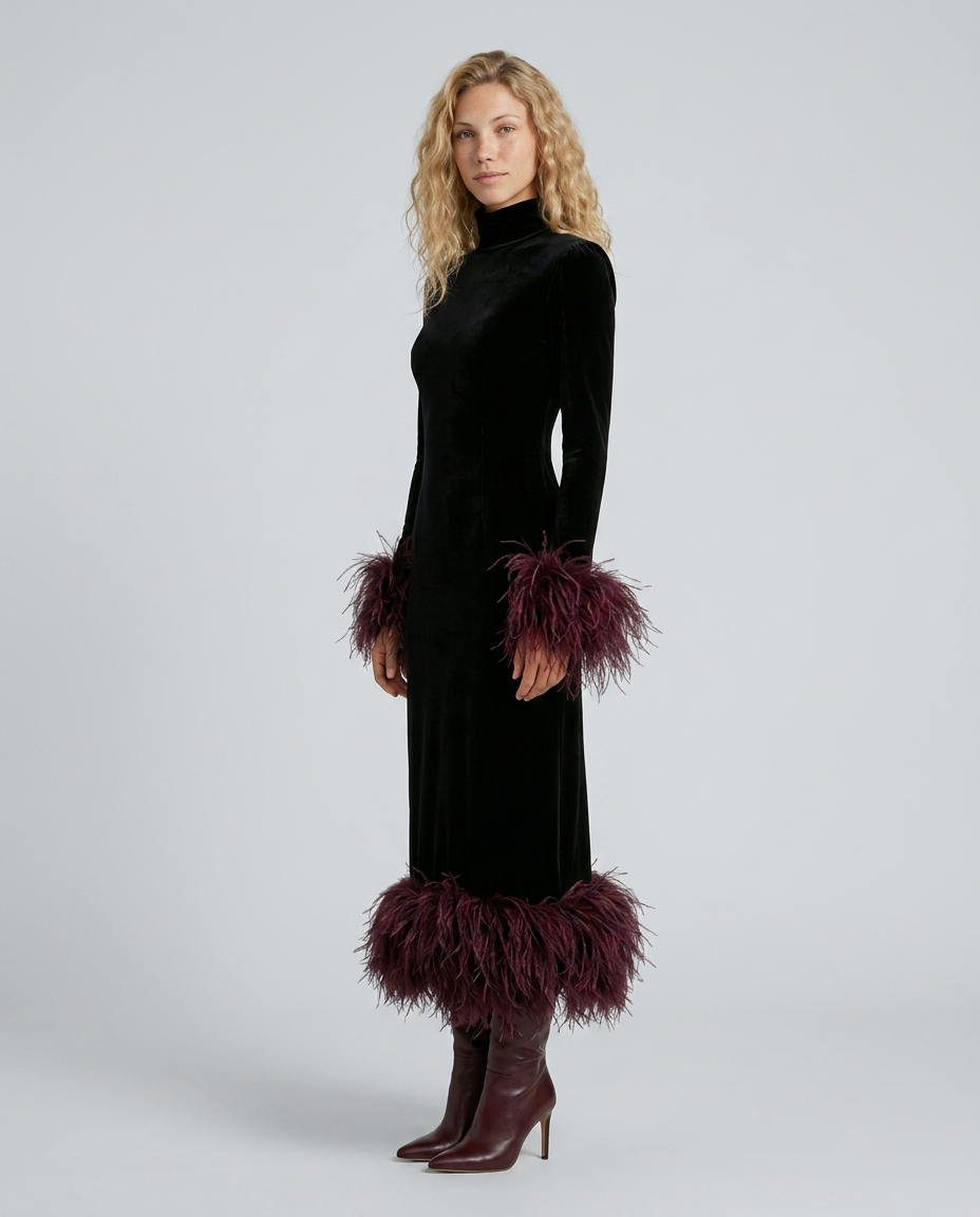 RHONA | FEATHER TRIM VELVET MIDI DRESS - Black and Burgundy