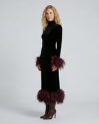 RHONA | FEATHER TRIM VELVET MIDI DRESS - Black and Burgundy