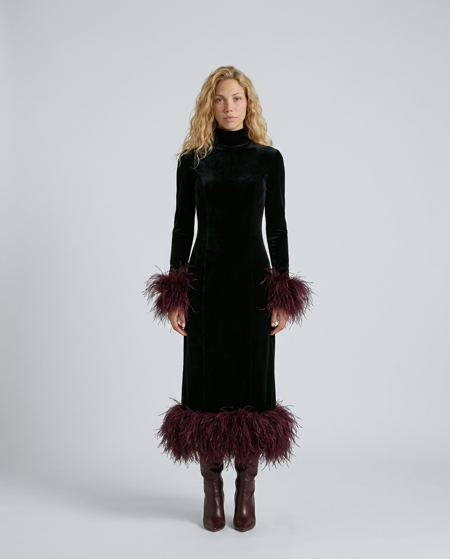 RHONA | FEATHER TRIM VELVET MIDI DRESS - Black and Burgundy