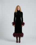 RHONA | FEATHER TRIM VELVET MIDI DRESS - Black and Burgundy