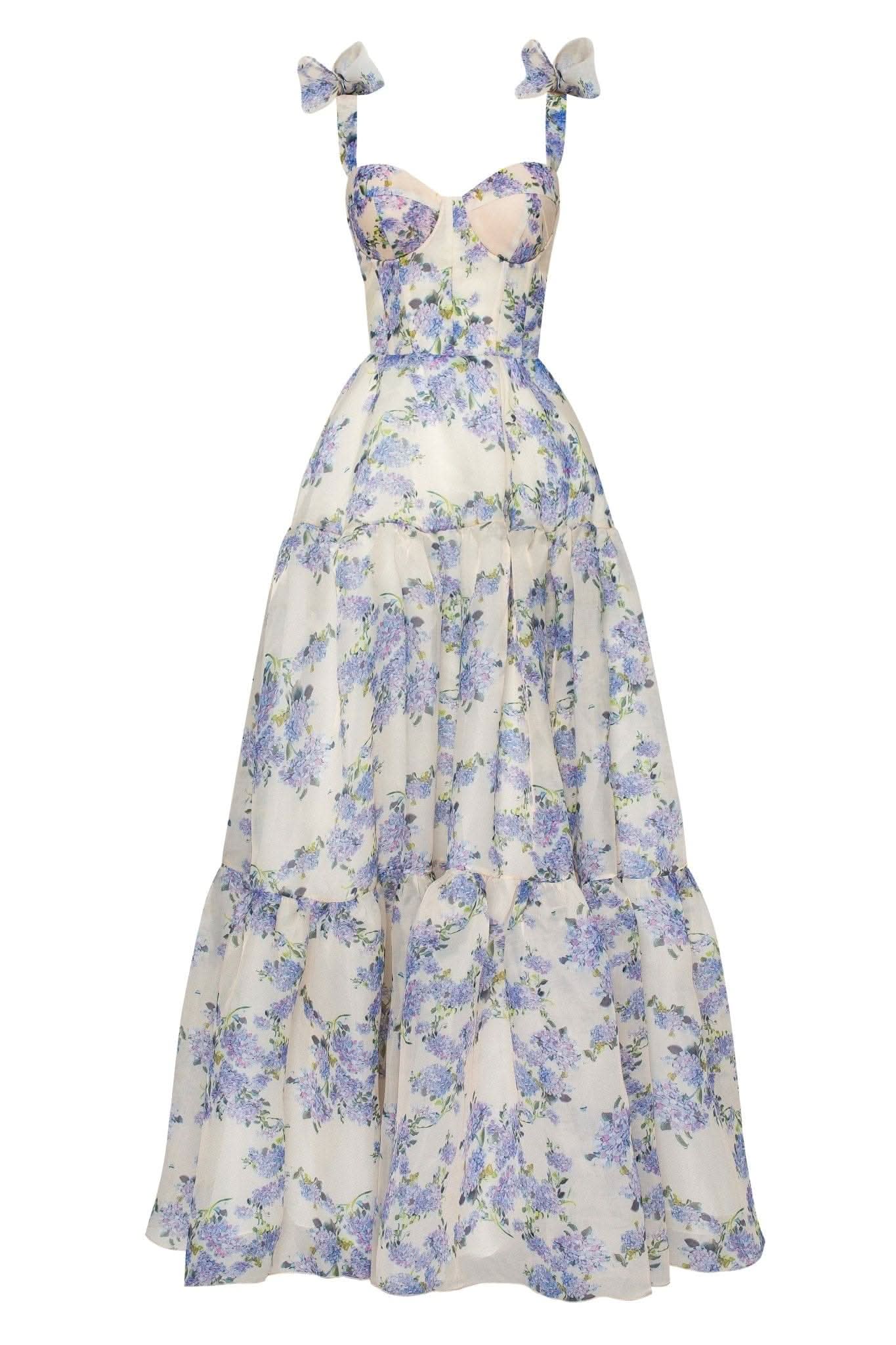 Full-length blue floral maxi dress with bow straps and tiered ruffle skirt