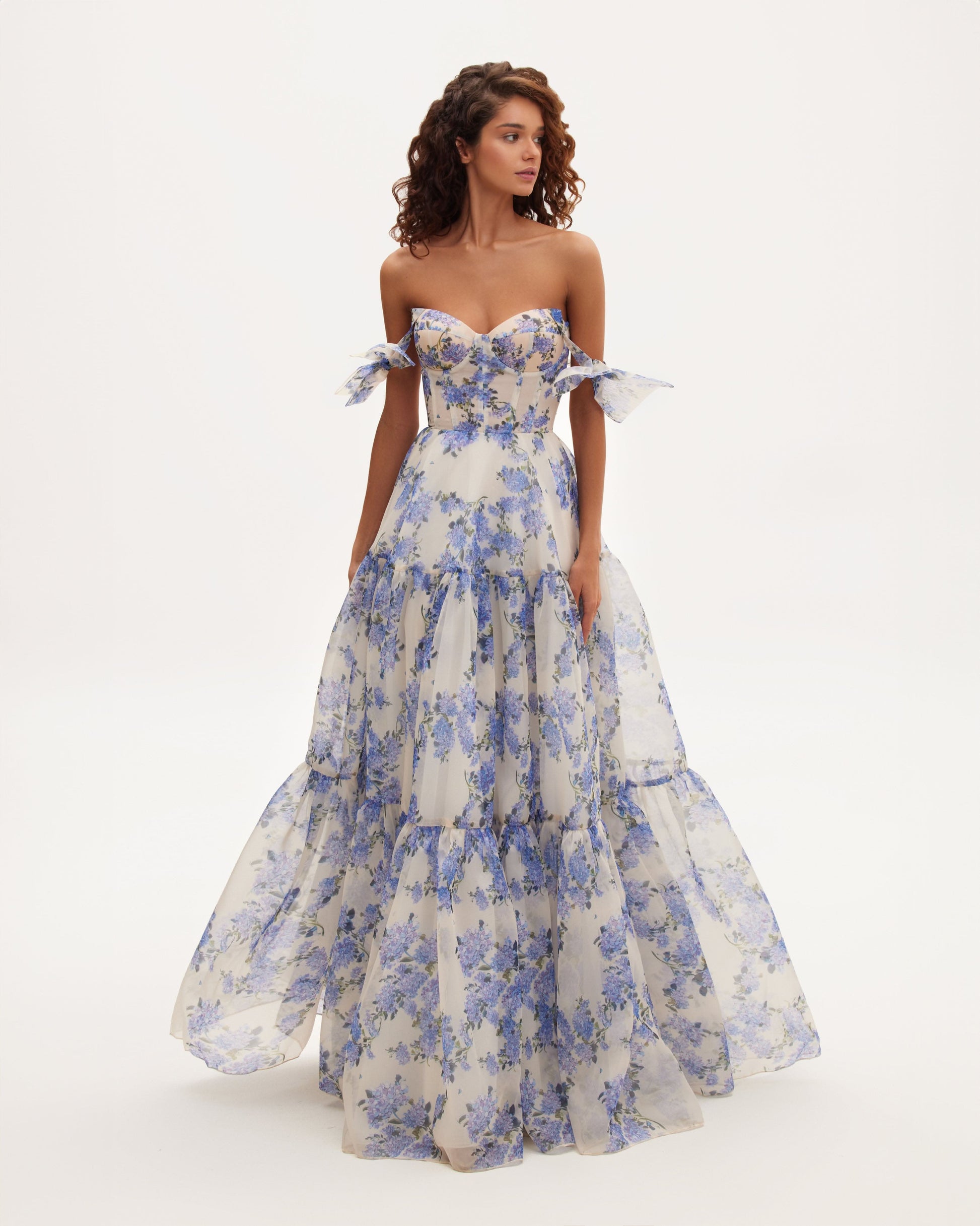 Blue floral off-shoulder maxi dress with tiered skirt and bow sleeves