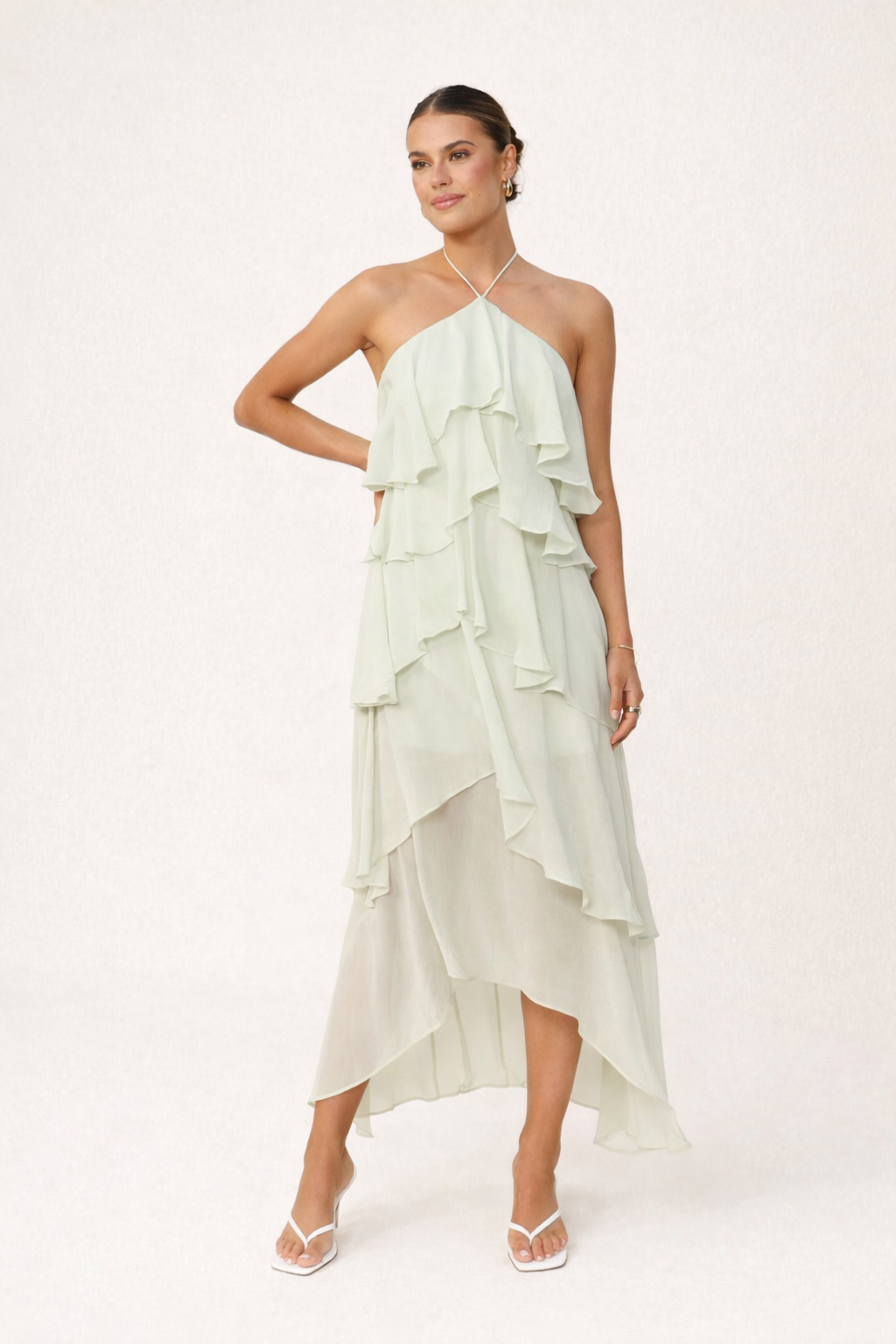 RIVKA | TIERED RUFFLE HALTER MAXI DRESS - Sage