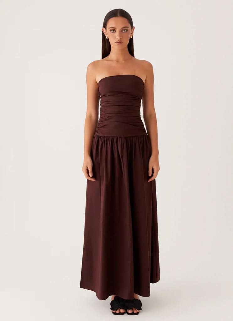 Burgundy strapless maxi dress front view with fitted bodice
