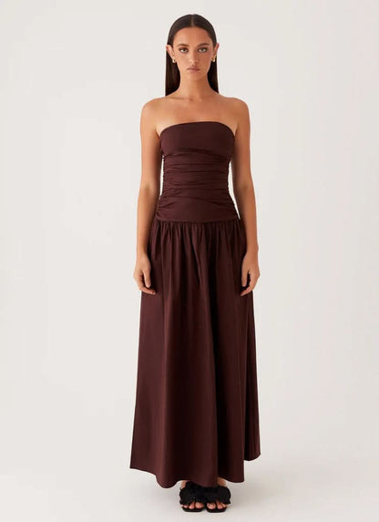 Burgundy strapless maxi dress front view with fitted bodice