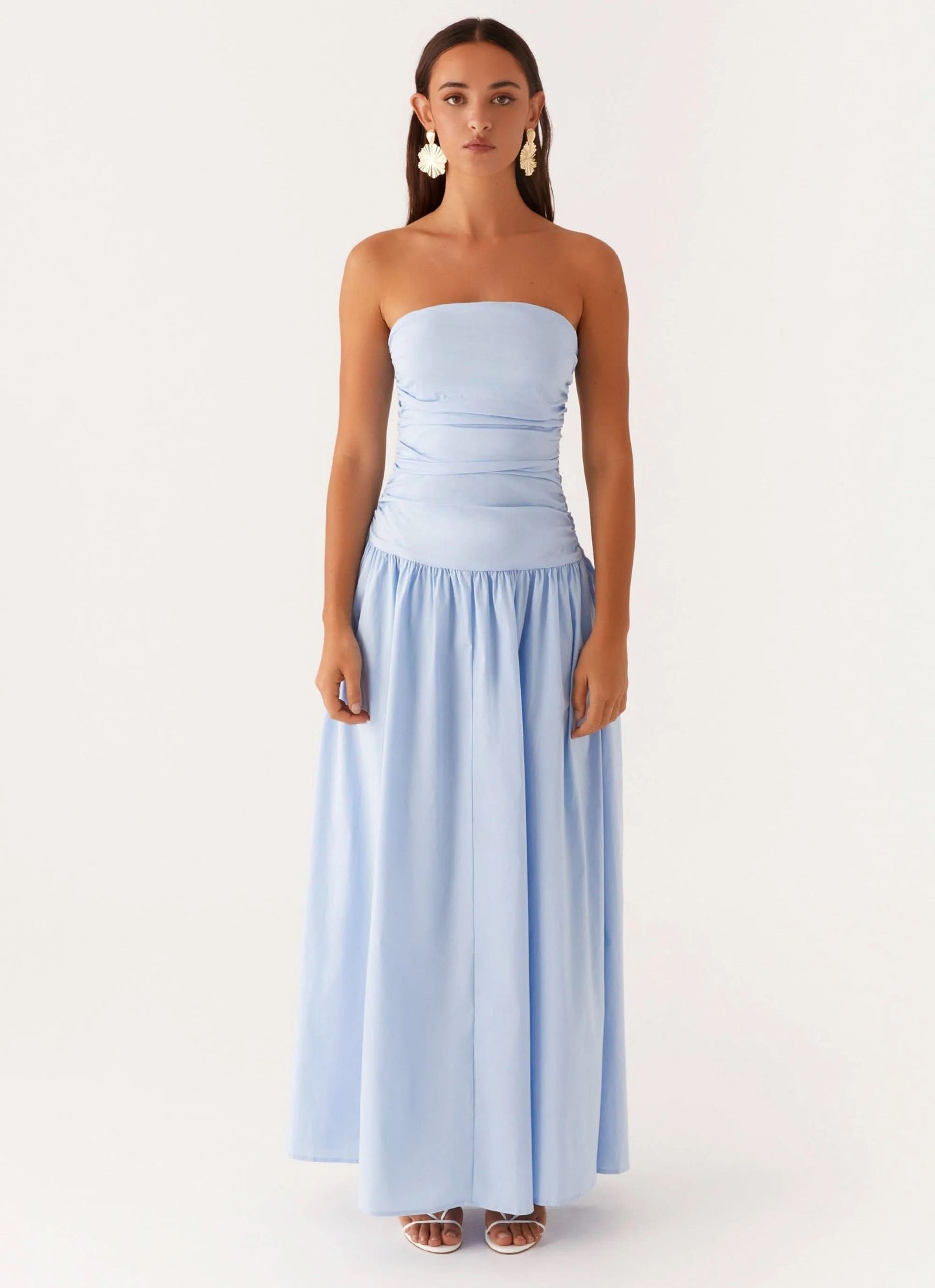 Light blue strapless maxi dress with ruched waist and full skirt, front view