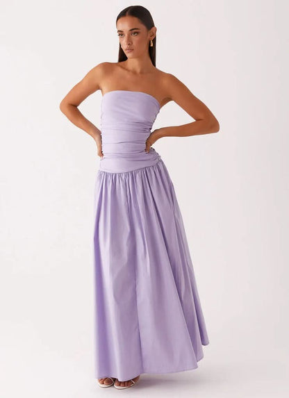 Lavender strapless maxi dress with ruched bodice and full skirt, front view